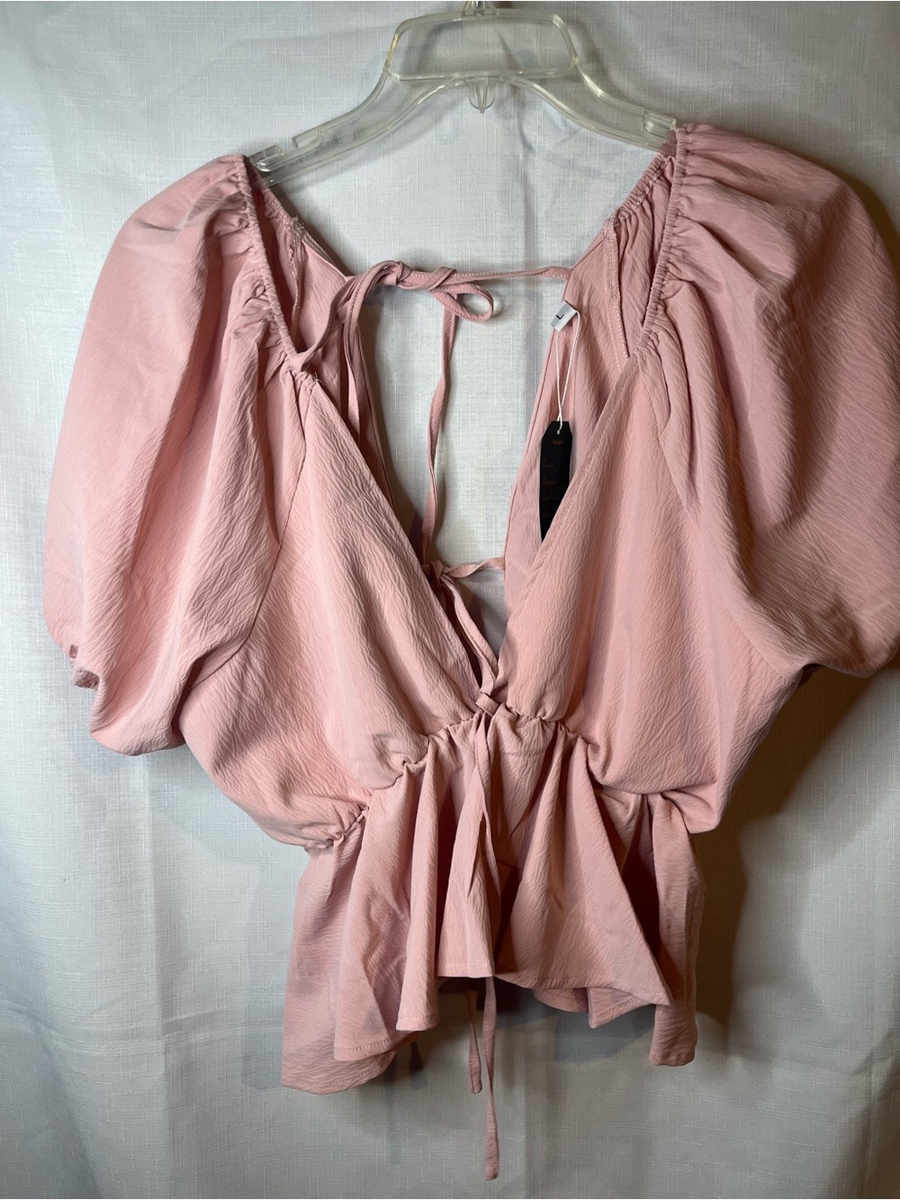 Mido Dusty Pink Puff Sleeve Tie-Back Peplum Blouse